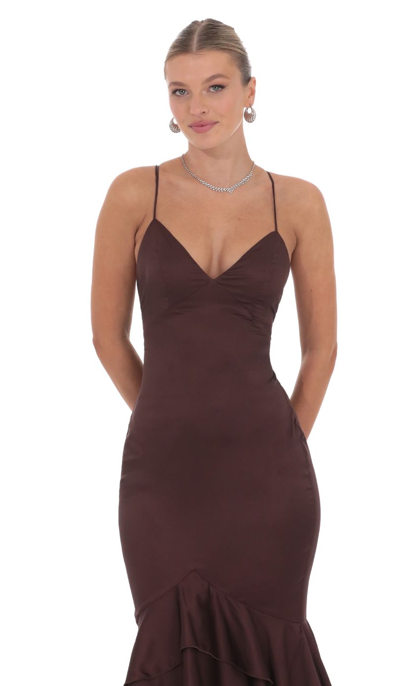 Satin Ruffle Fishtail Maxi Dress in Brown