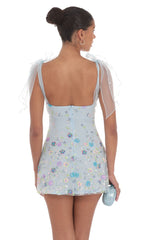 Floral Sequin V-Neck Dress in Blue